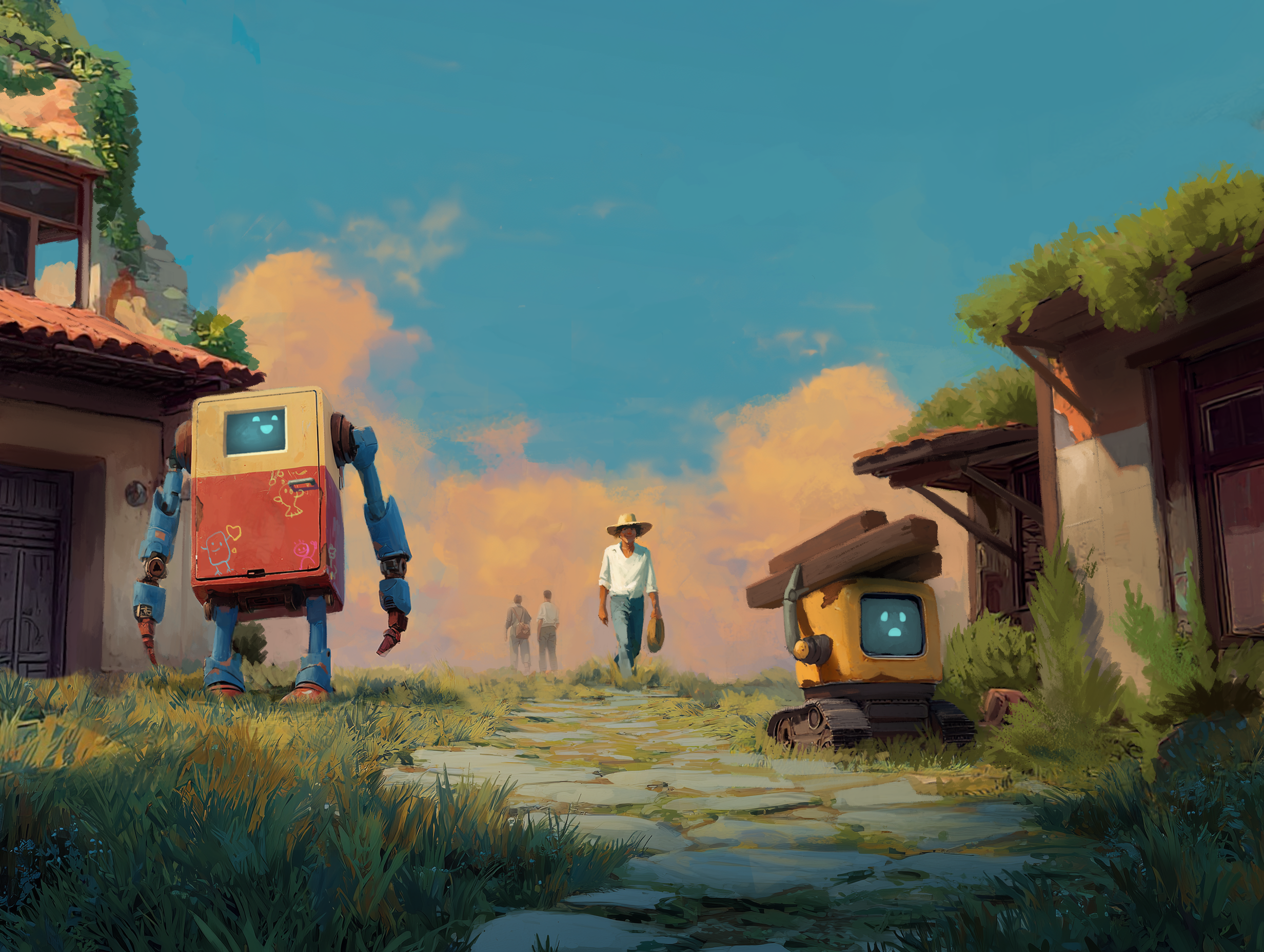 Villagers and robots building a settlement in HELLO WORLD